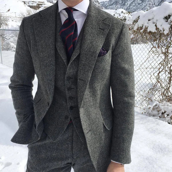 Elegant Herringbone Gray Wool Tweed 3 Piece Suit for Men - Stylish Formal Groom Tuxedo with Blazer, Waistcoat, and Trousers Perfect for Weddings and Evening Events